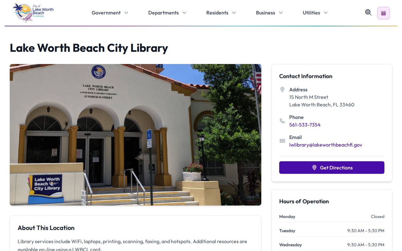 Lake Worth Beach city directory City Library page